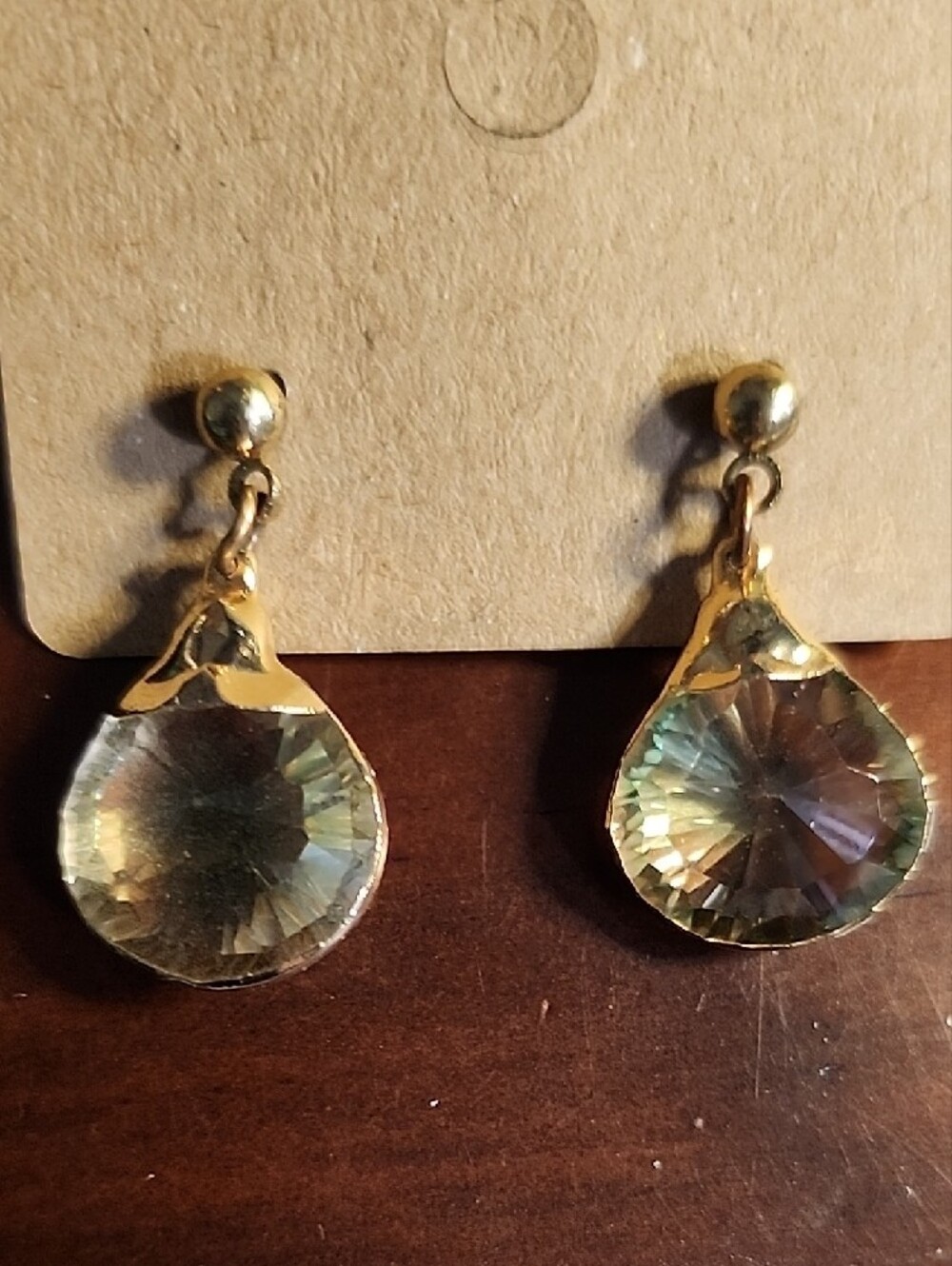 Vintage Gold Drop Earrings with Light Green Crystal Teardrops - Picture 2 of 4